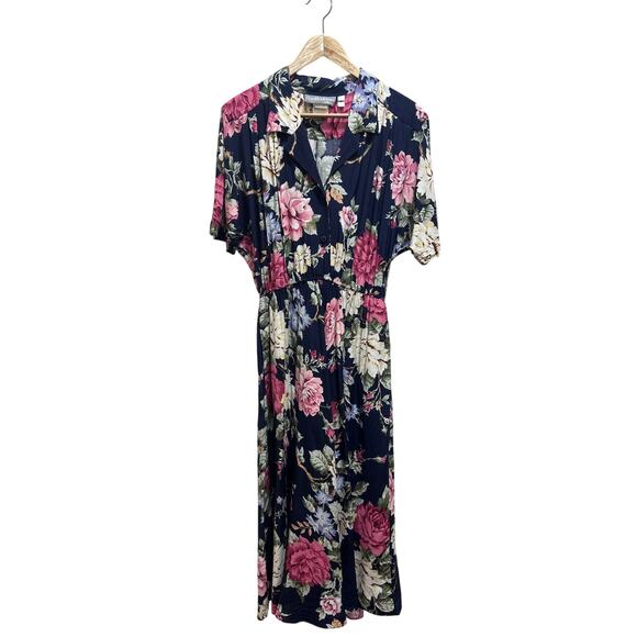 Vintage Carol Anderson 80s Floral Blue Shirt Dress 11/12 Maxi 100% Rayon Pockets - Picture 1 of 9